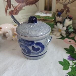 Vintage Blue Salt Glaze Ceramic Sugar Bowl With Silver Spoon